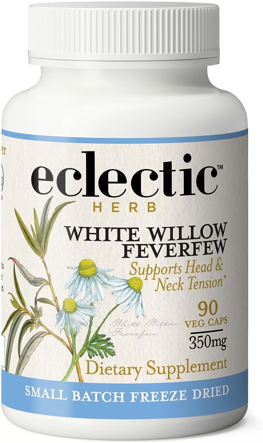 Eclectic Institute White Willow Feverfew bottle showing natural support for occasional pain