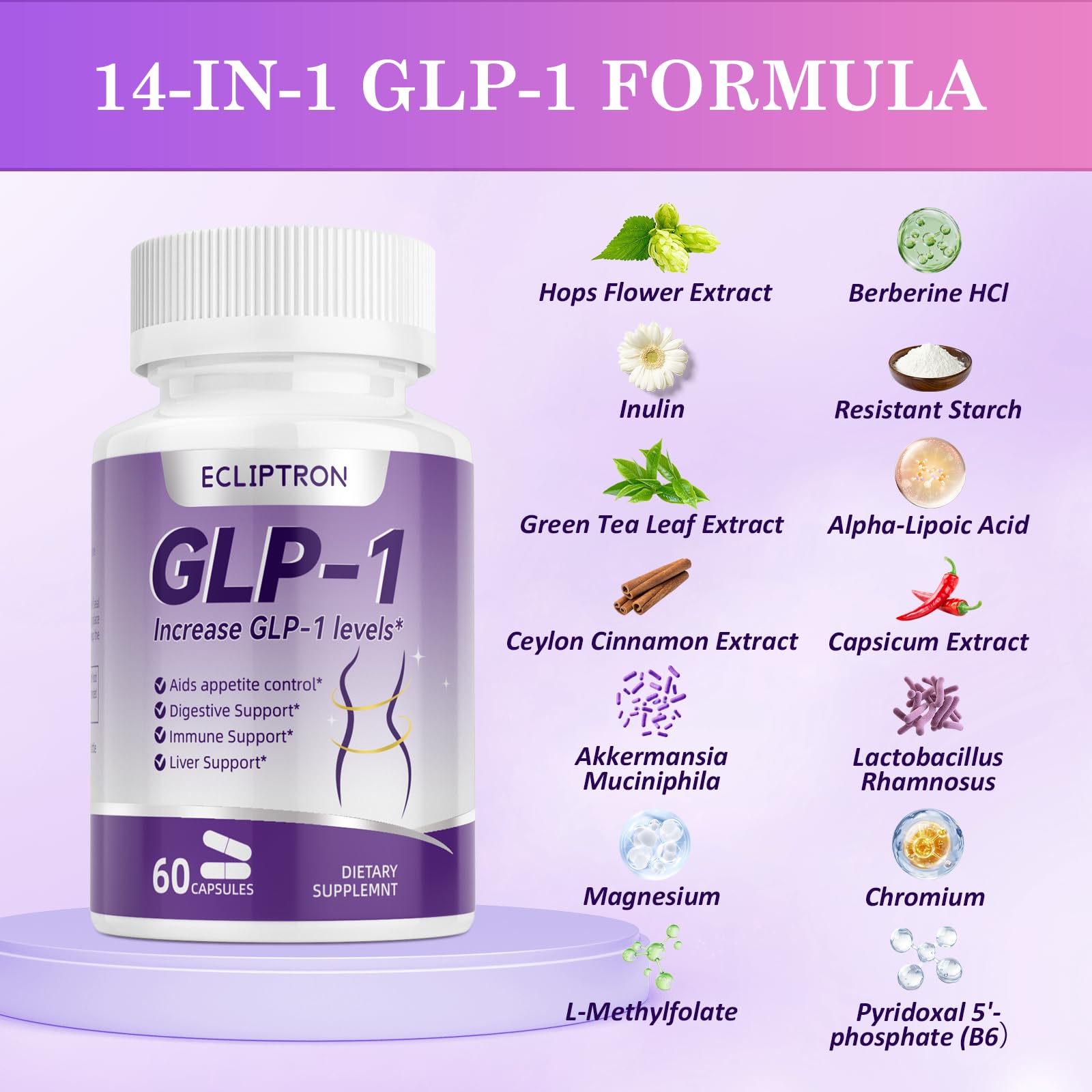 Ecliptron GLP-1 supplement bottle back highlighting ingredients and daily use guidance.