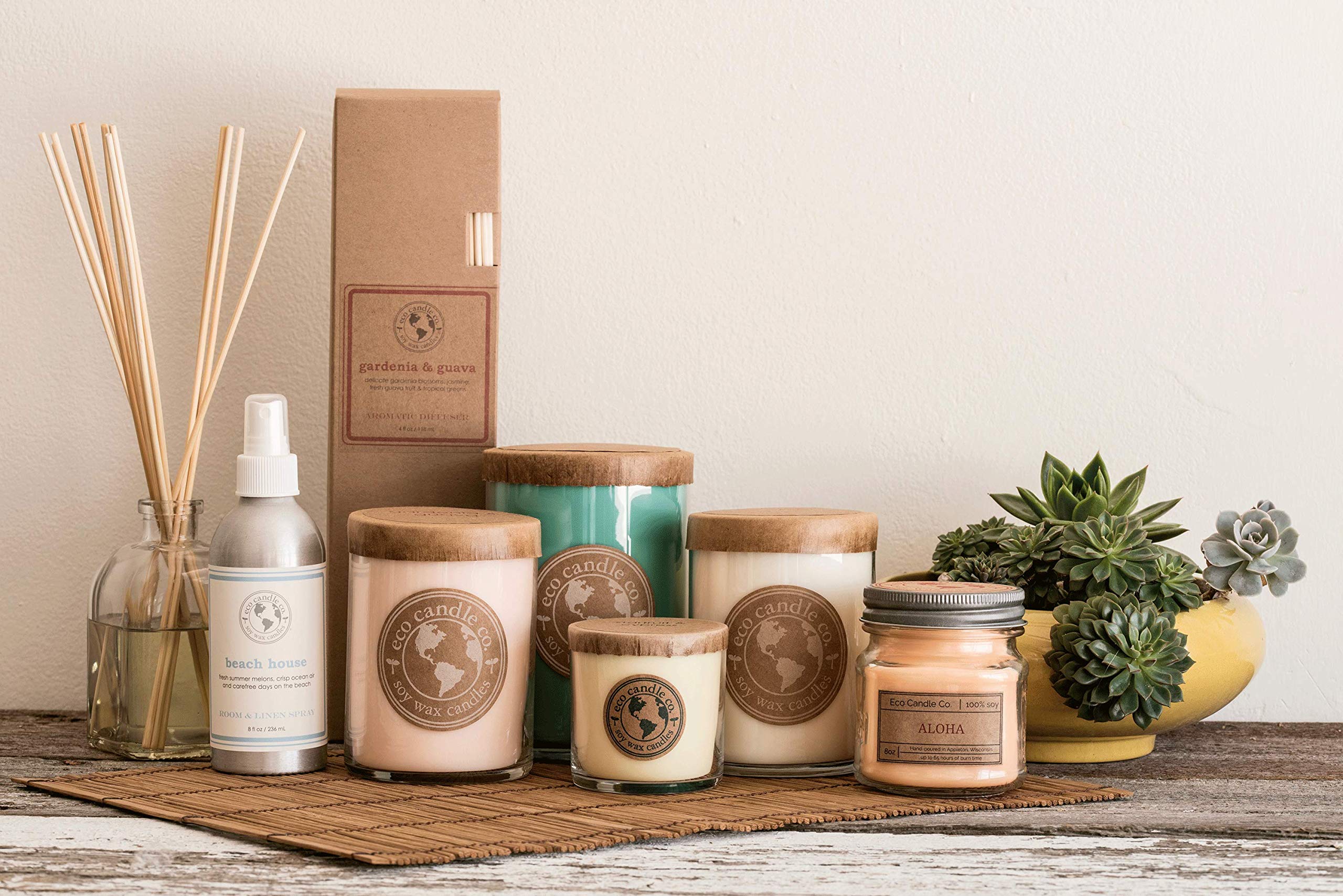 Eco Candle Co. packaging illustration emphasizes recyclable materials and eco-friendly crafting