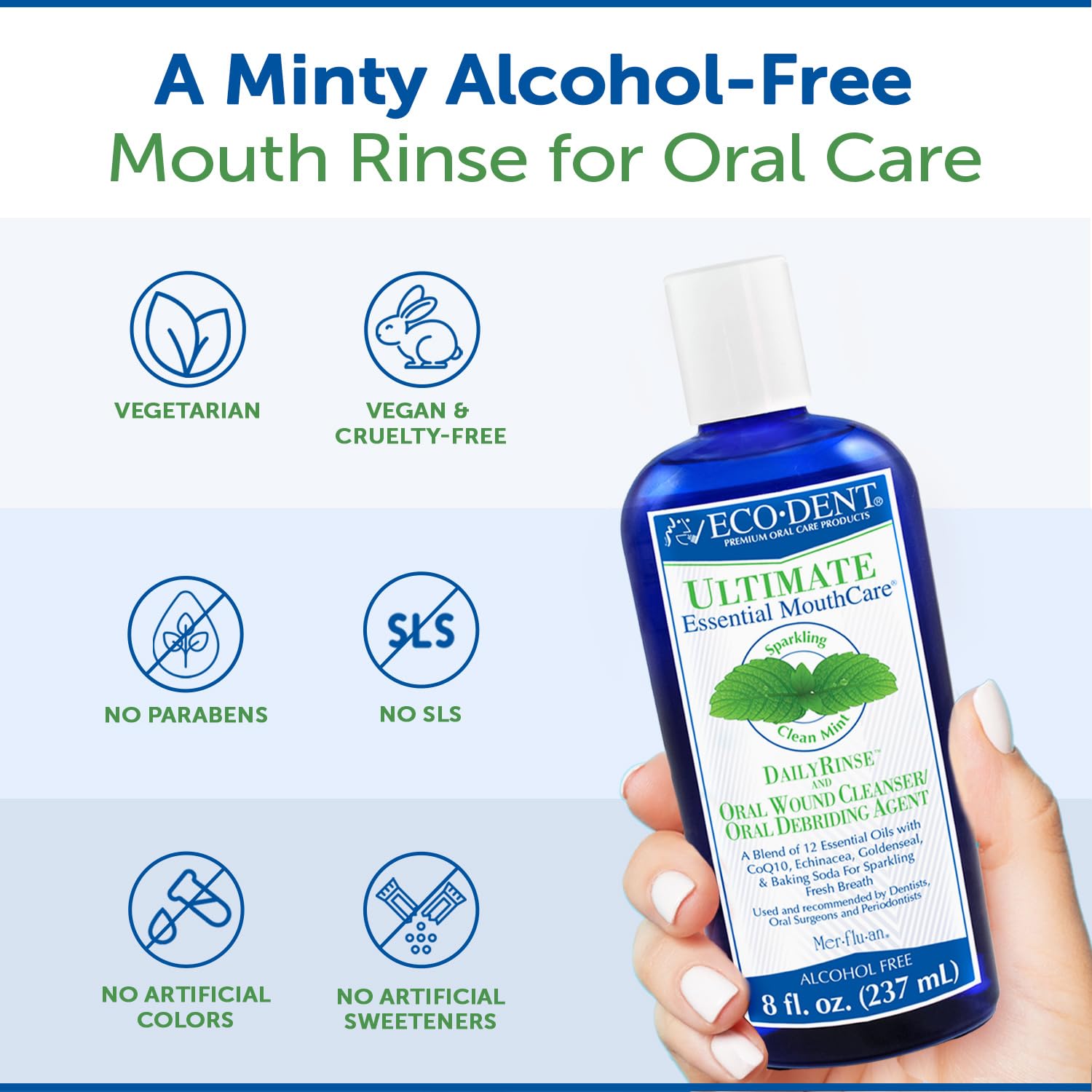 Eco-Dent baking soda mouthwash ingredients panel signals gentle cleansing.
