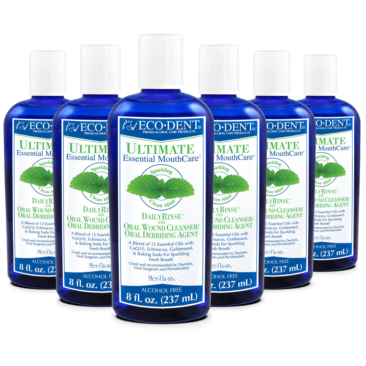 Eco-Dent mint mouthwash bottle showcases its alcohol-free formula for daily freshness.