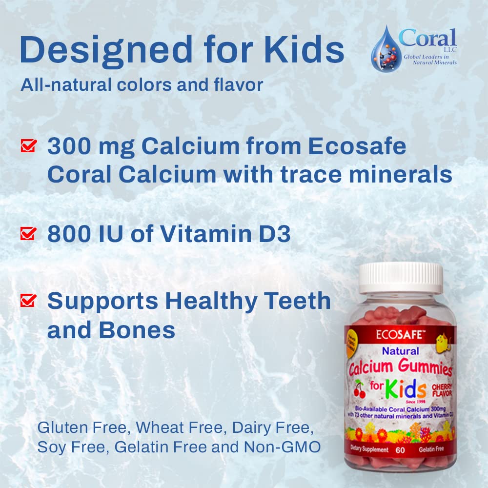 Eco Safe Coral Calcium D3 Kids Gummy bottle back shows nutrition facts and vitamin D3