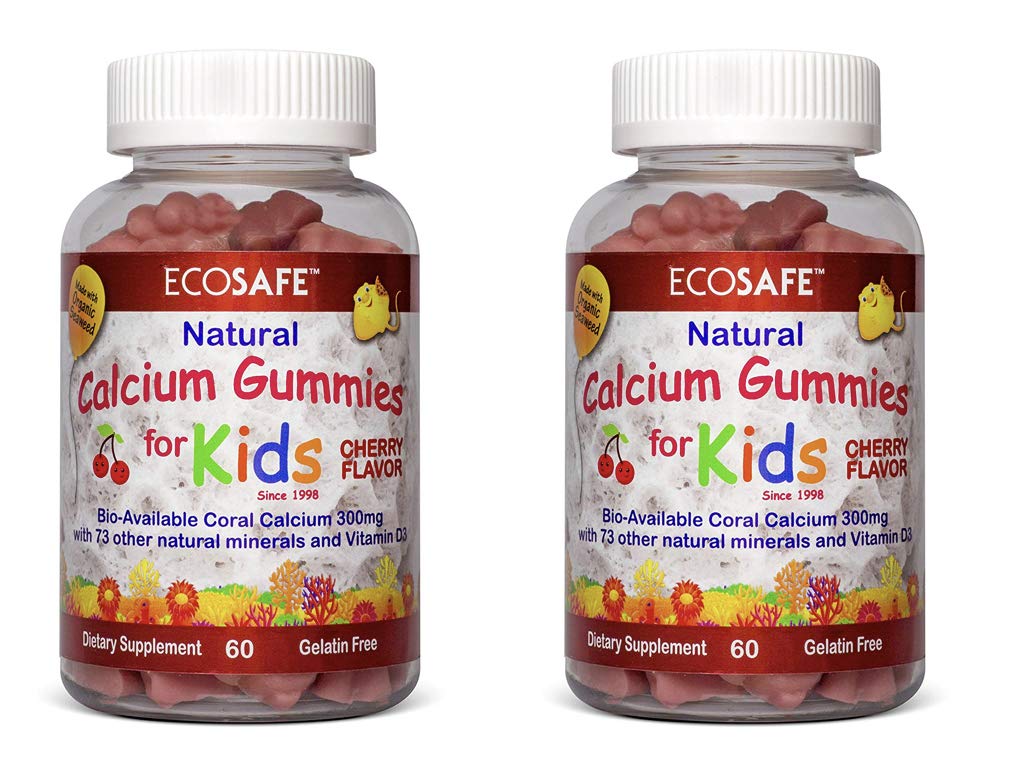 Eco Safe Coral Calcium D3 Kids Gummy bottle front with kid-friendly cherry flavor for healthy bones