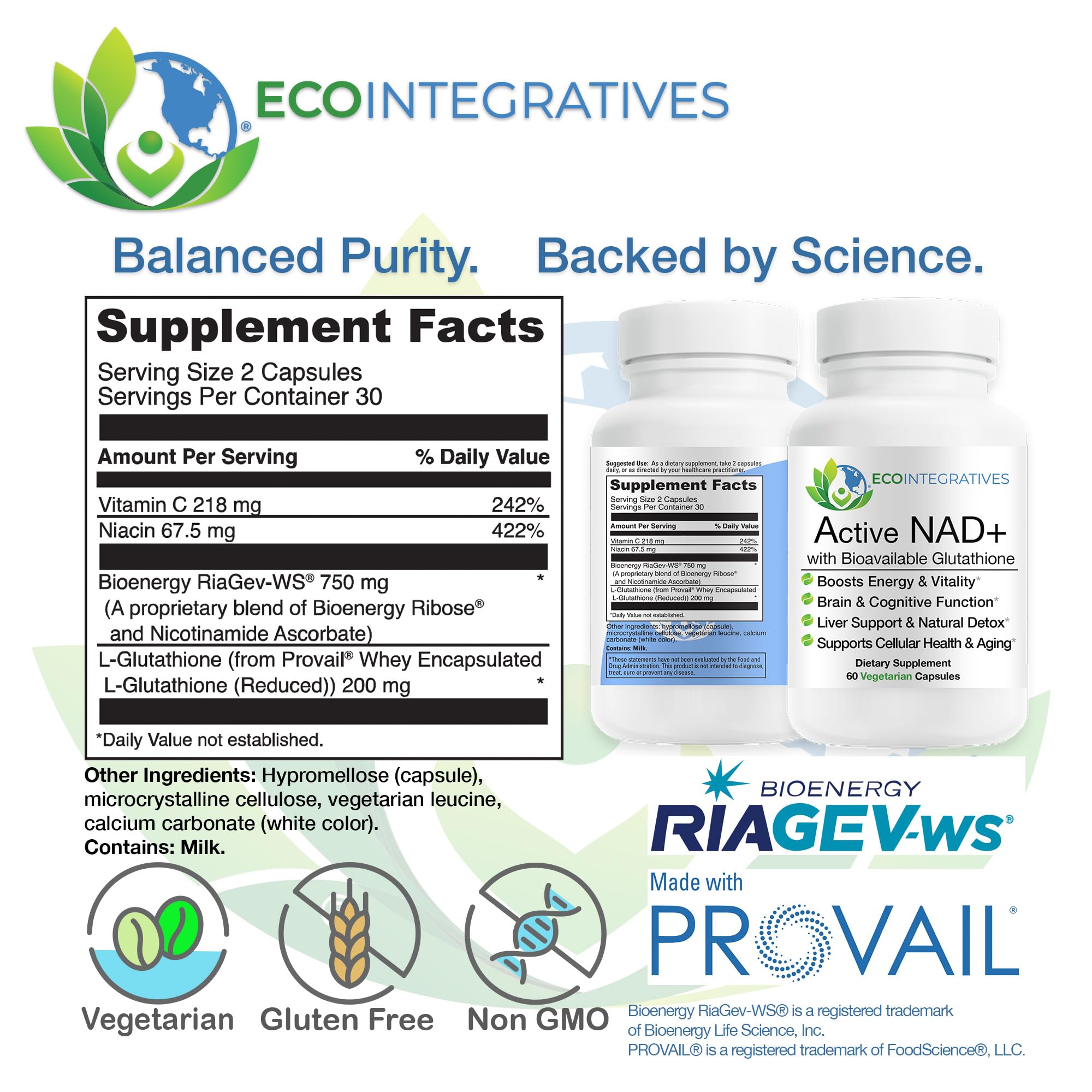 EcoIntegratives Active NAD+ label closeup highlights RiaGev and Provail ingredients