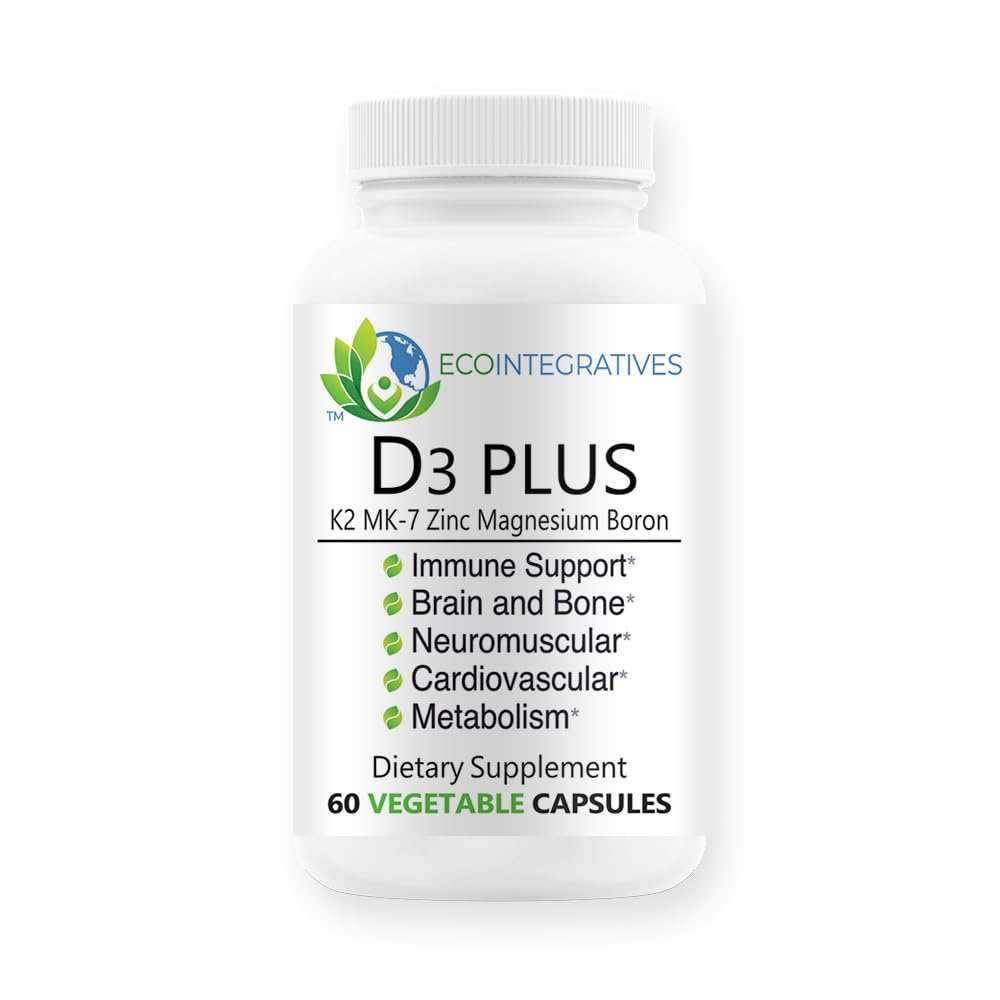 EcoIntegratives D3 Plus Boron Vitamin K2 Magnesium Zinc bottle shows the vegan blend for bone support