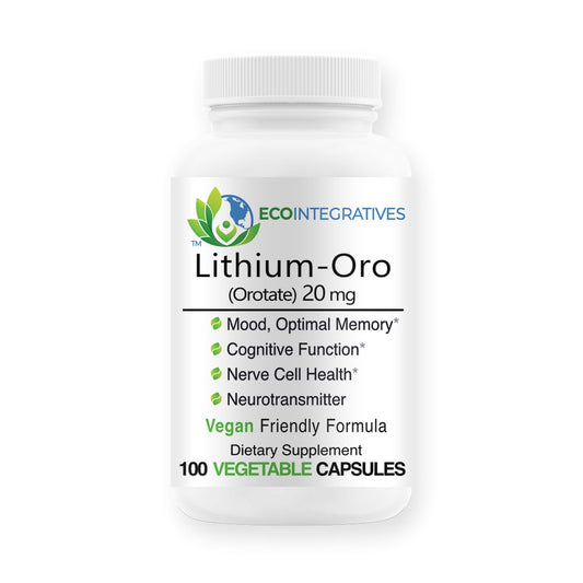 EcoIntegratives Lithium Orotate 20 mg bottle with capsules for mood support.