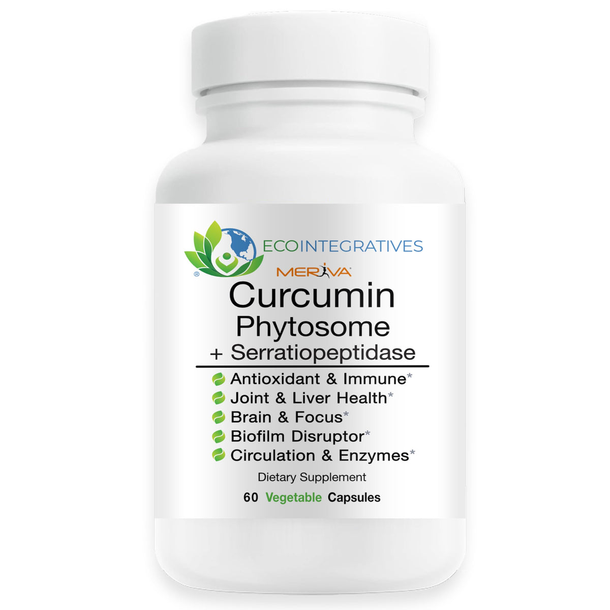 EcoIntegratives Meriva Curcumin Phytosome bottle shown for premium joint support.
