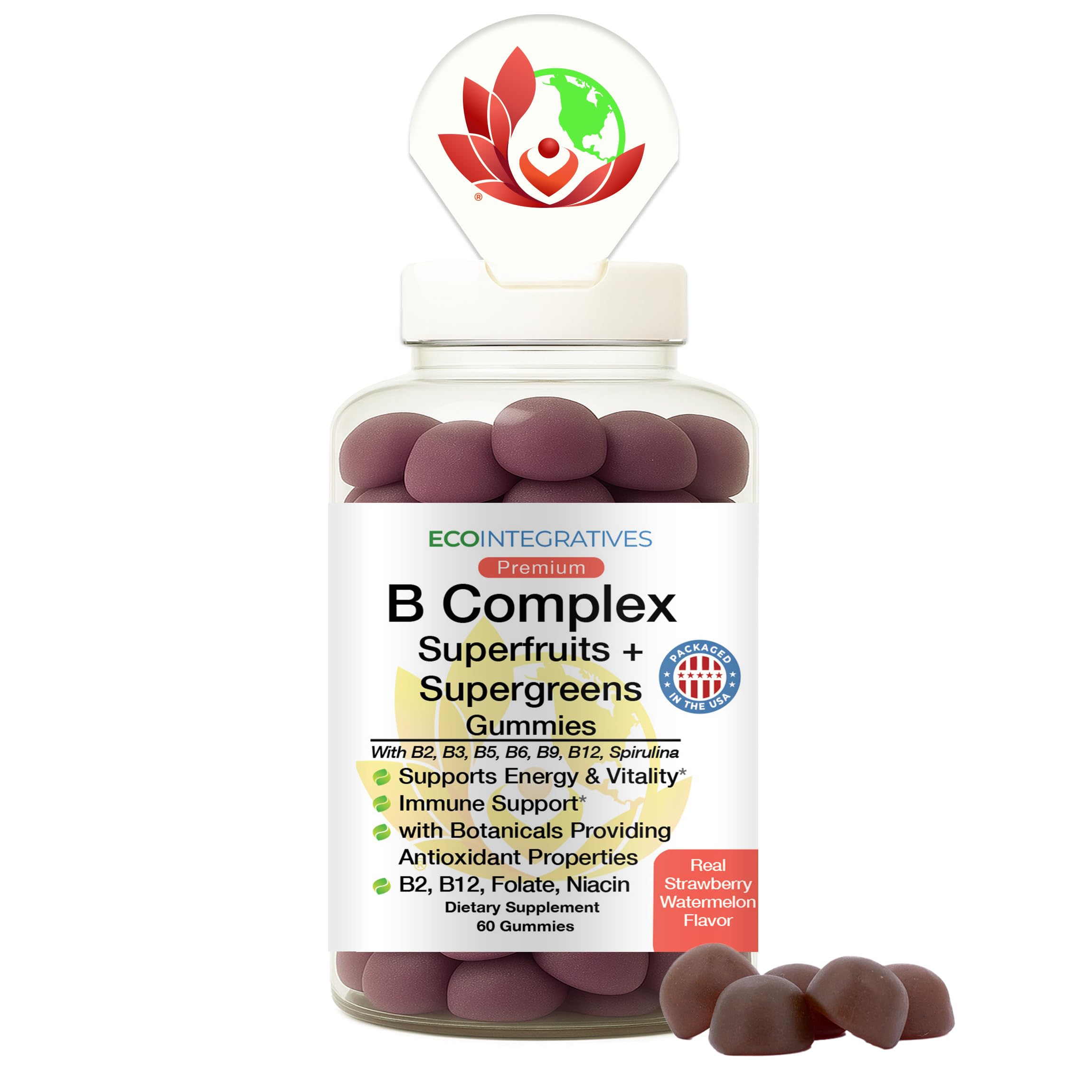 EcoIntegratives Superfruits + Supergreens bottle close-up for antioxidant-rich daily wellness.