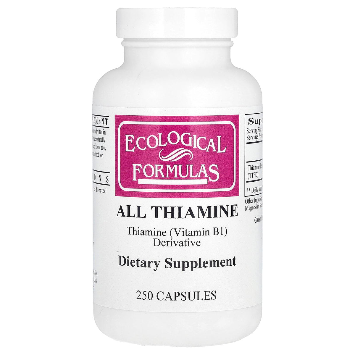 Ecological Formulas All Thiamine bottle on a counter for daily vitamin B1 support.