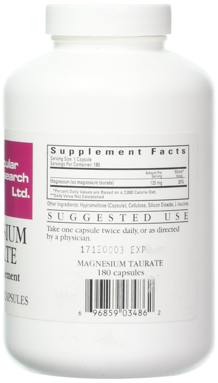 Ecological Formulas Magnesium Taurate 125 mg label highlights product details and practitioner trust