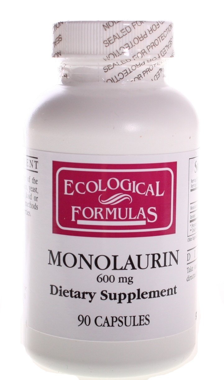 Back view of Ecological Formulas Monolaurin 600mg bottle with dosing label.