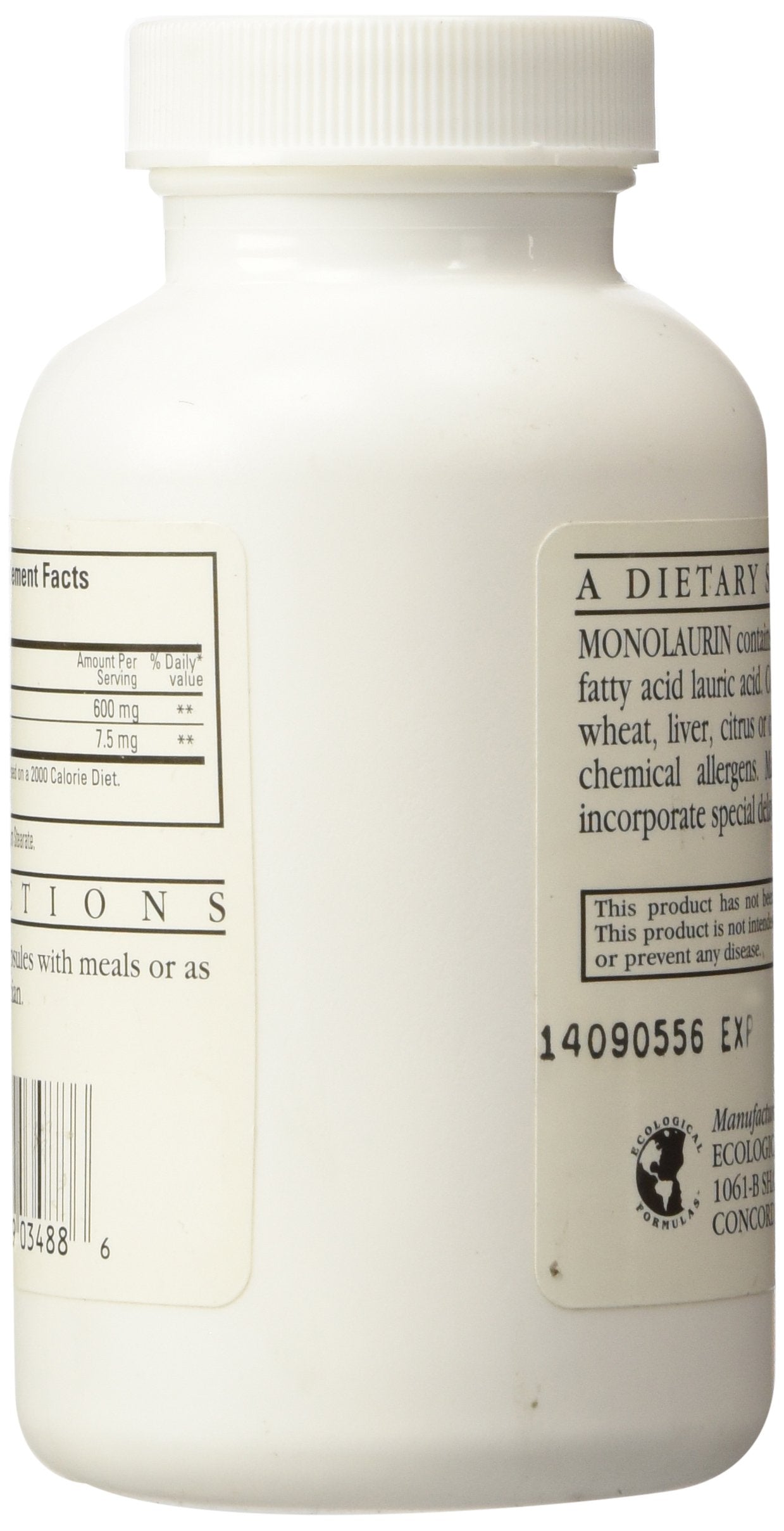 Ecological Formulas monolaurin 600mg label front showing dosage information.