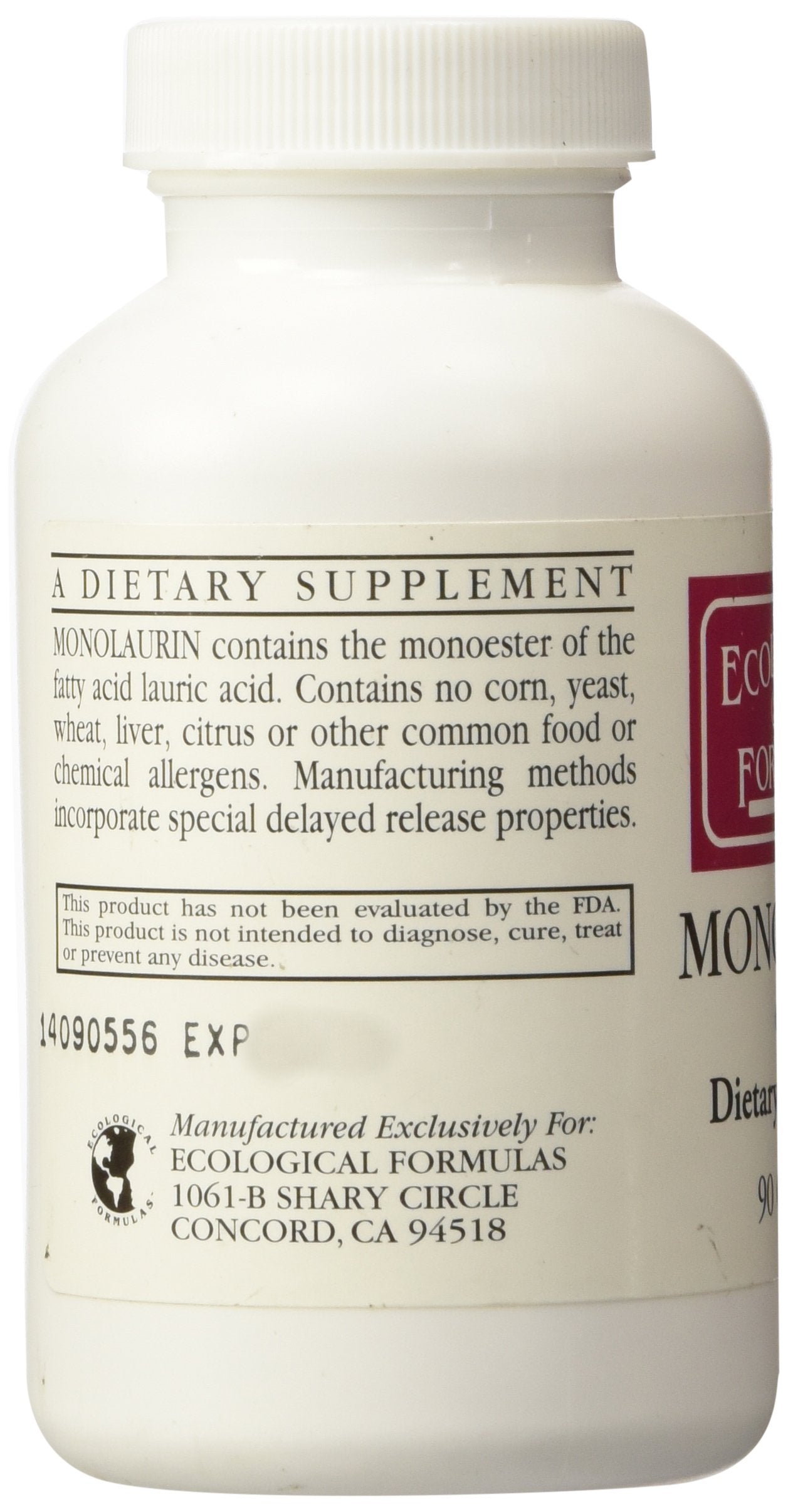 Ecological Formulas monolaurin 600mg packaging on shelf for easy selection.