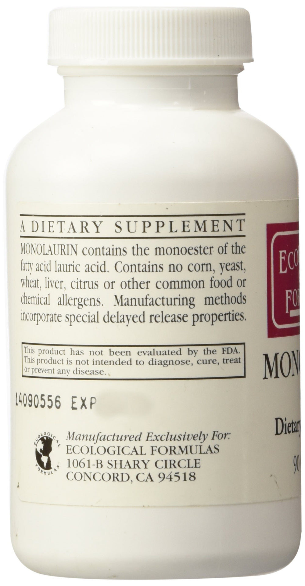 Ecological Formulas monolaurin 600mg packaging on shelf for easy selection.