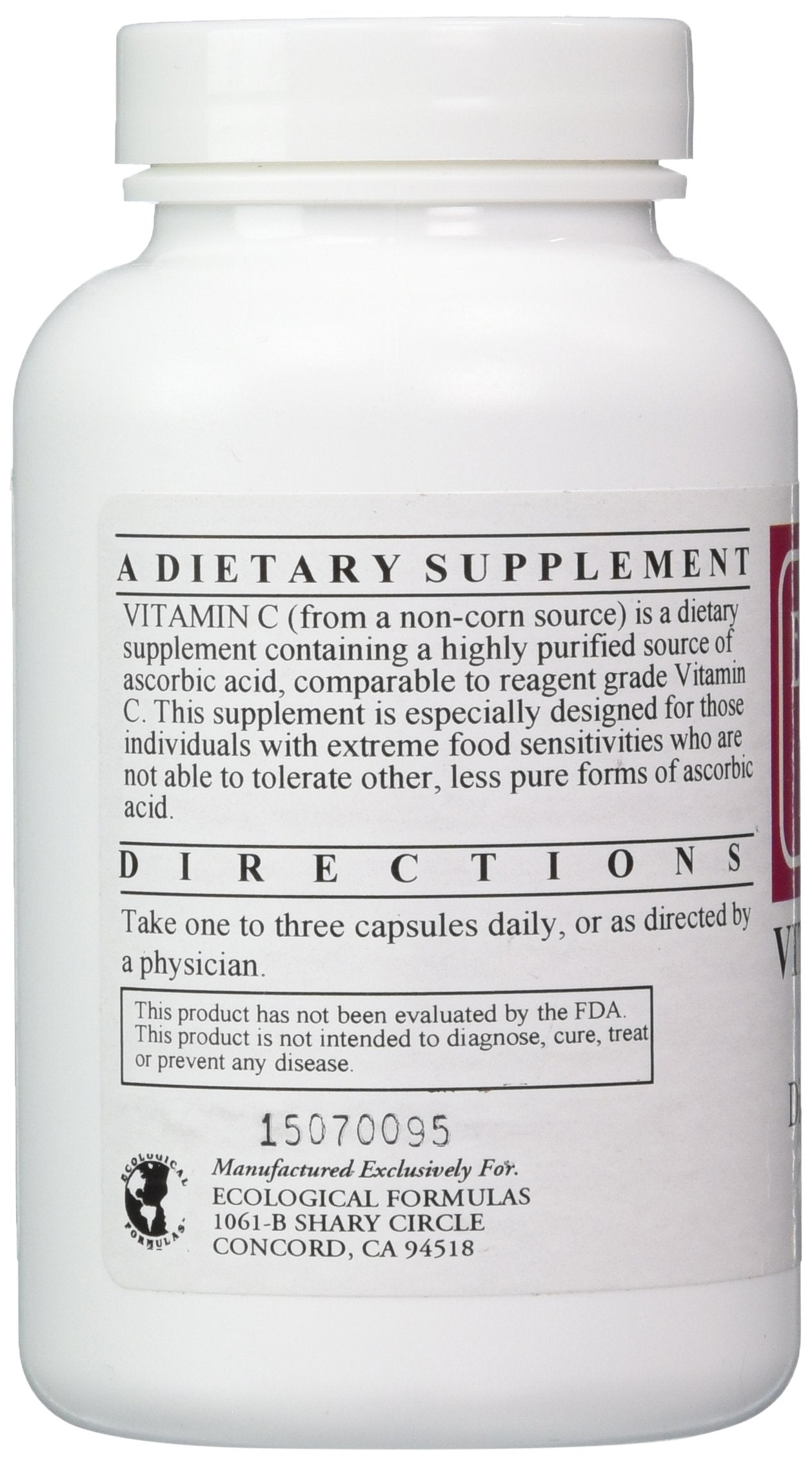 Ecological Formulas Vitamin C-1000 capsules bottle side, ideal for daily supplement routine.