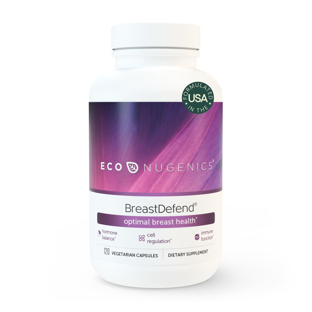 EcoNugenics BreastDefend DIM bottle front, daily support for breast health and hormone balance.