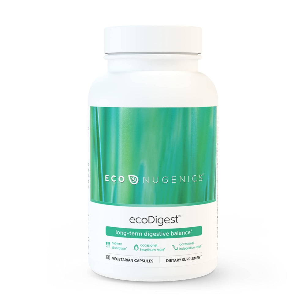 EcoNugenics EcoDigest bottle showing vegan capsules for daily digestive support.