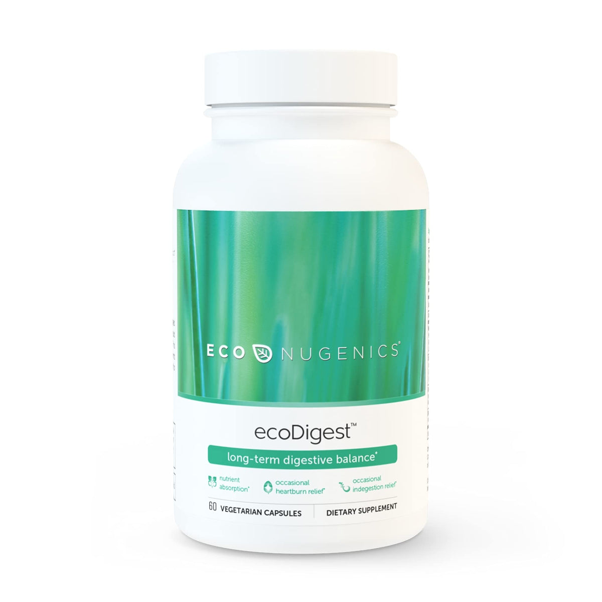 EcoNugenics EcoDigest bottle showing vegan capsules for daily digestive support.