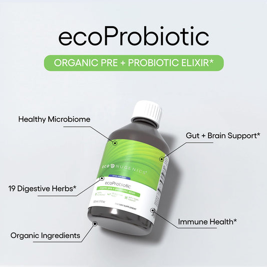 EcoNugenics EcoProbiotic organic herbs close-up suggesting digestive comfort through botanicals.