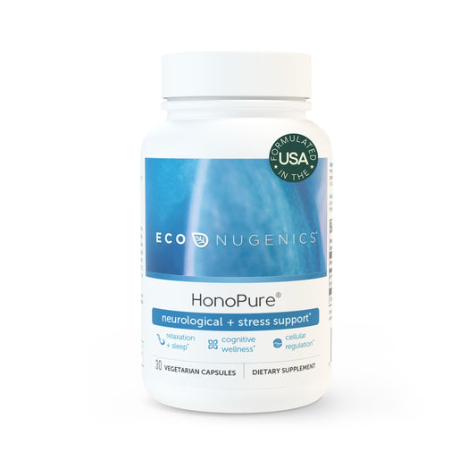EcoNugenics HonoPure bottle pouring, suggesting calm focus and restful sleep potential