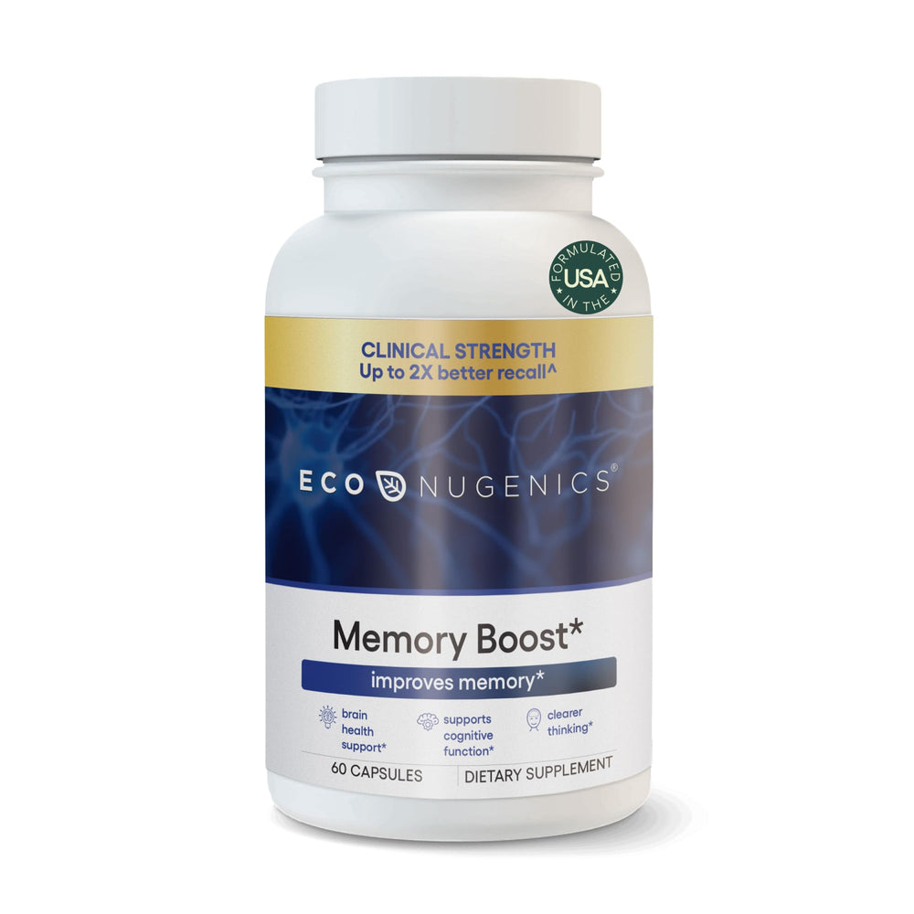 EcoNugenics Memory Boost bottle on a clean desk supports focus and cognitive clarity.
