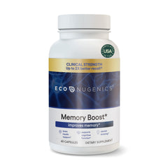 EcoNugenics Memory Boost bottle on a clean desk supports focus and cognitive clarity.