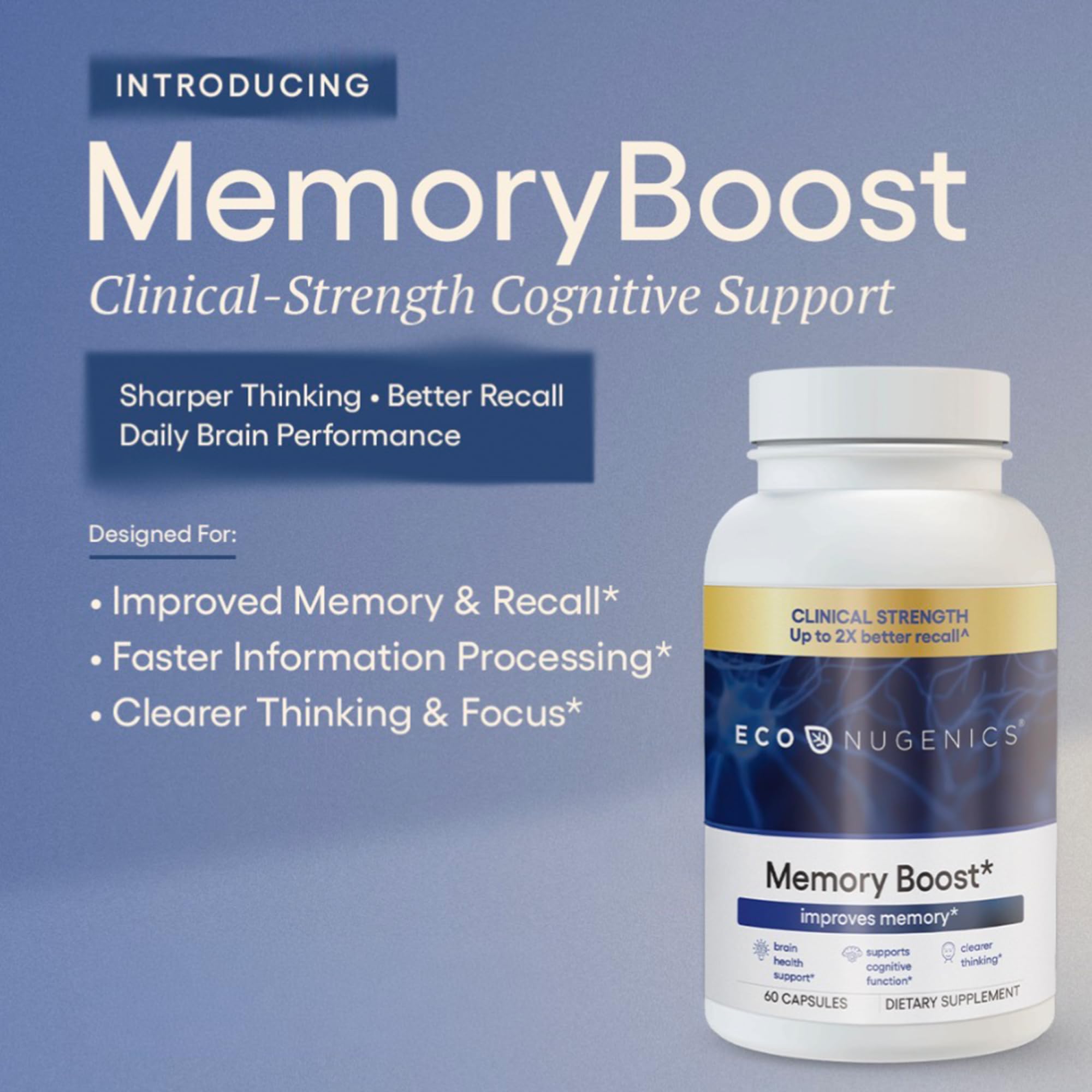 EcoNugenics Memory Boost capsules close-up showing memory-supporting formula.