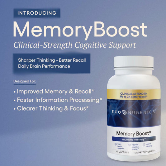EcoNugenics Memory Boost capsules close-up showing memory-supporting formula.