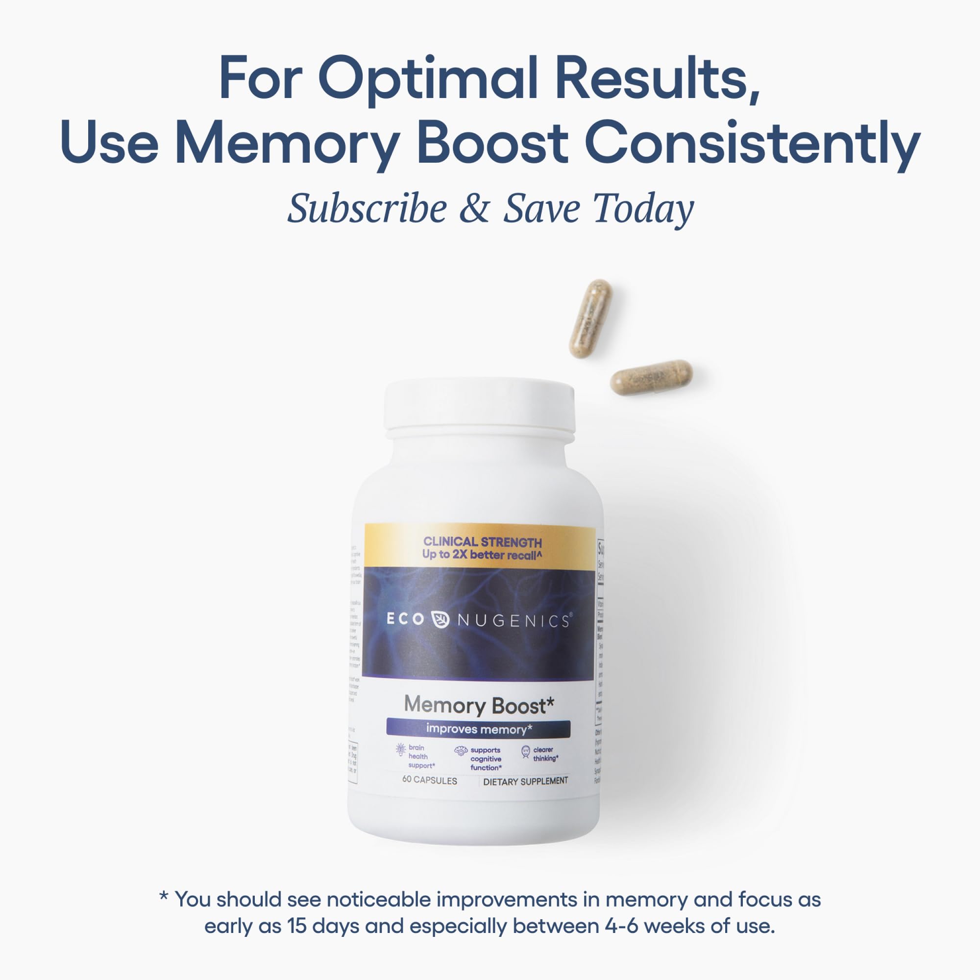 EcoNugenics Memory Boost bottle on study desk with notes for learning.
