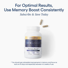 EcoNugenics Memory Boost bottle on study desk with notes for learning.