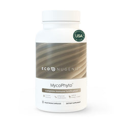 EcoNugenics MycoPhyto Complex bottle-front highlighting the six-mushroom blend for potential immune support.