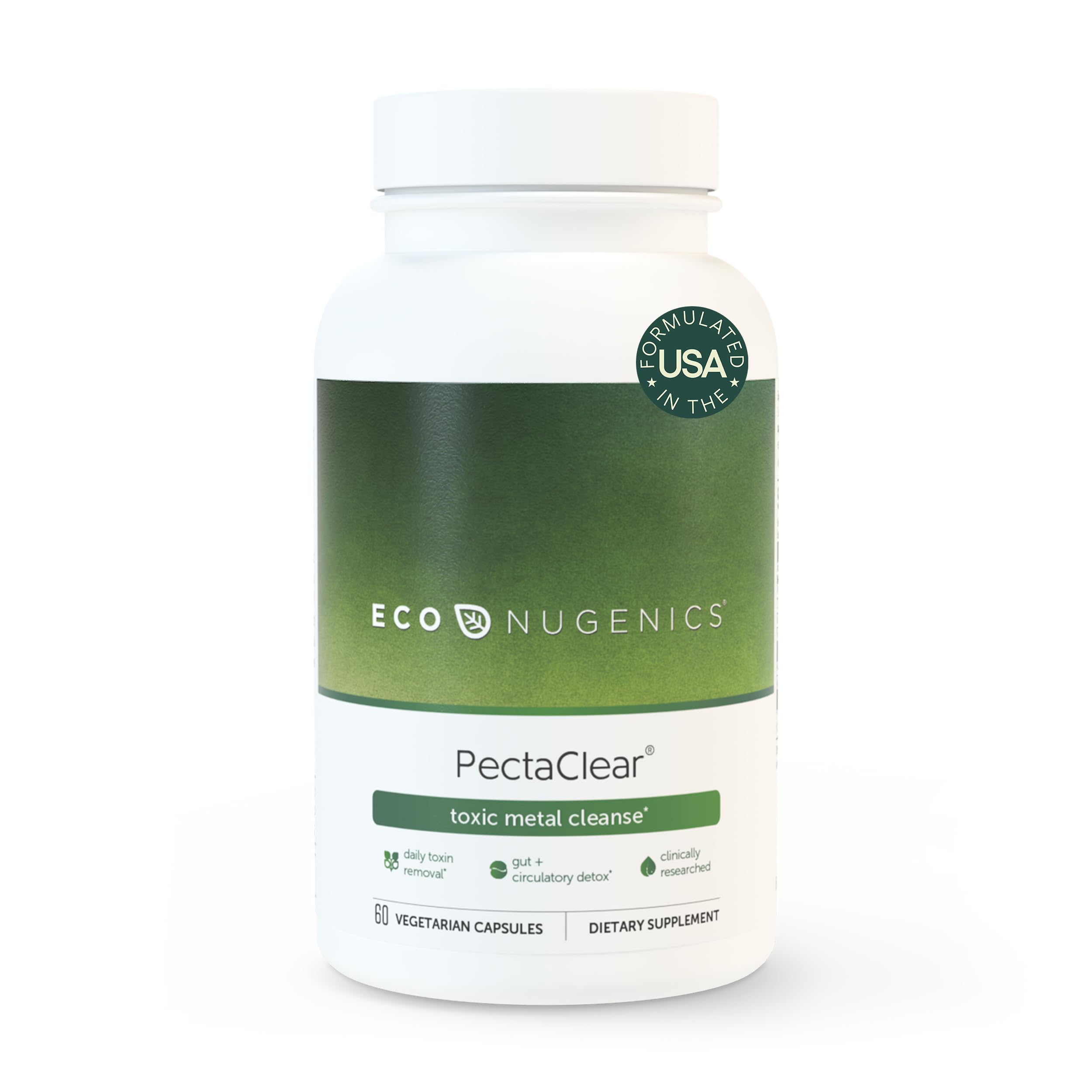 EcoNugenics PectaClear bottle close-up shows toxin-binding potential for everyday support.