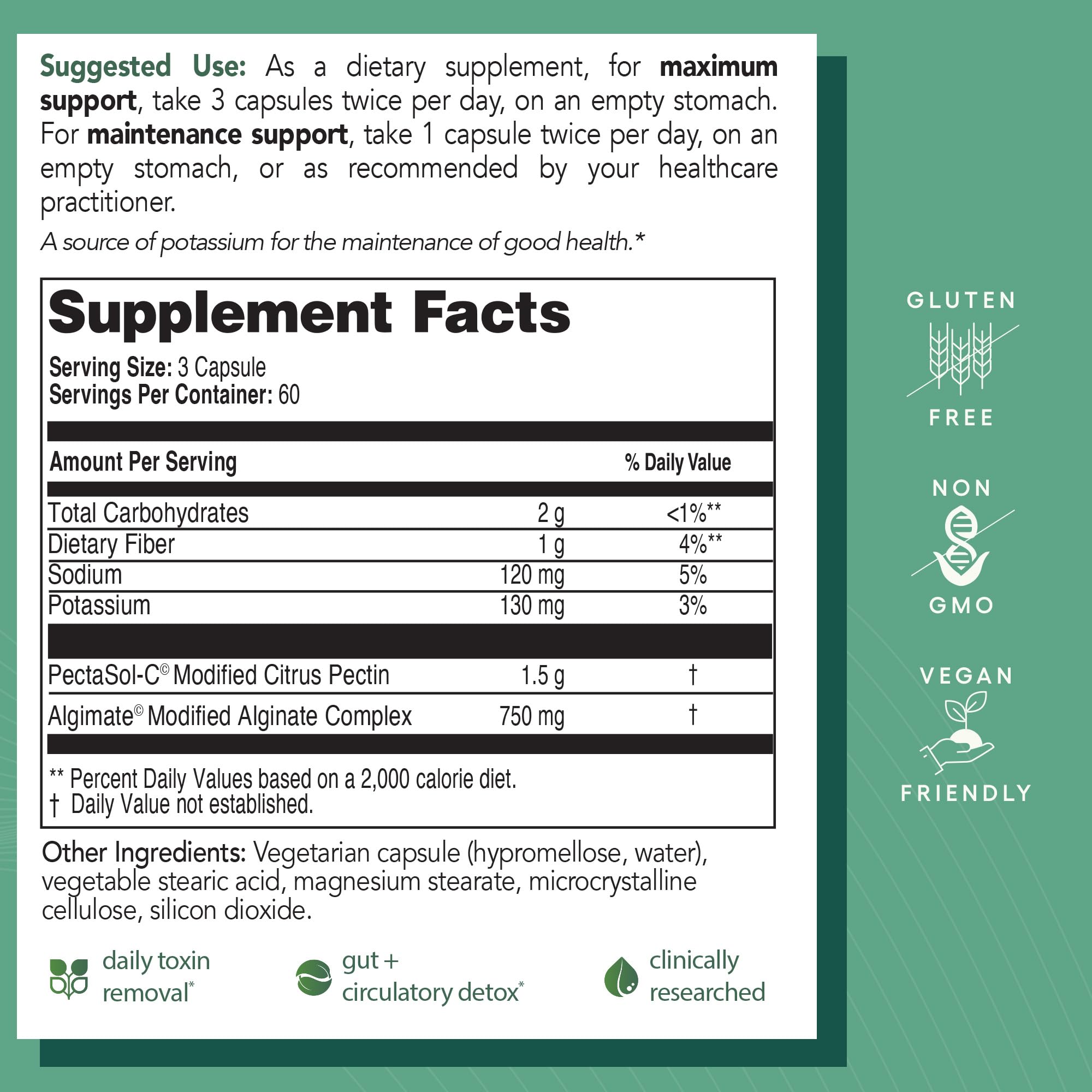 EcoNugenics PectaClear kelp-alginates visual highlights natural detox ingredients for gentler support.