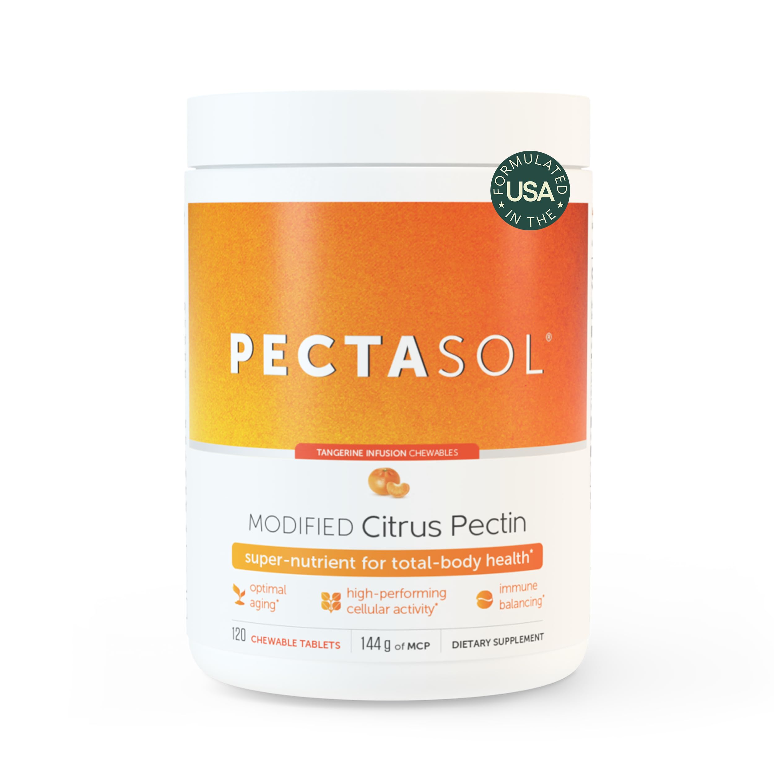 EcoNugenics PectaSol MCP bottle with Tangerine chewables supports immune balance.
