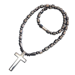 Ecooon Cross pendant hematite magnetic necklace front view highlights premium beads for everyday wear.