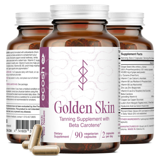 Ecosh Golden Skin bottle packshot showing capsules for radiant skin support