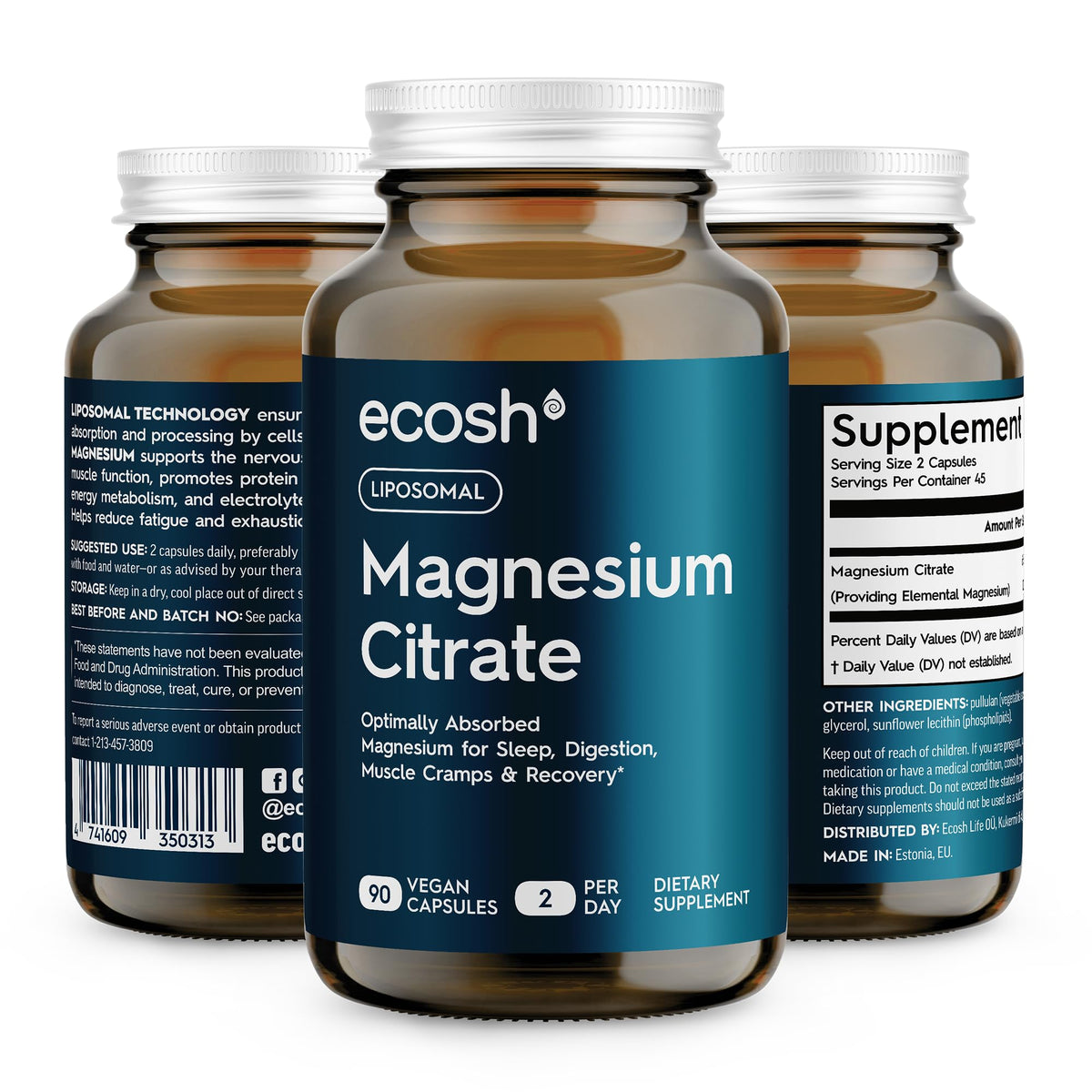 Ecosh Liposomal Magnesium Citrate bottle front displays high absorption formula