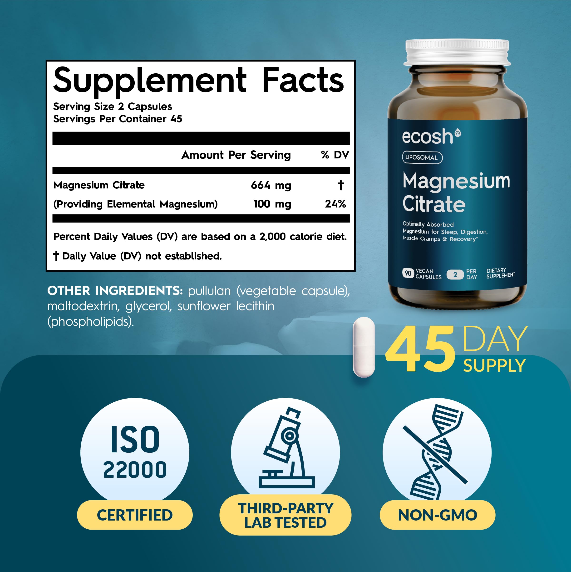 Ecosh Liposomal Magnesium Citrate with water illustrates gentle digestive support
