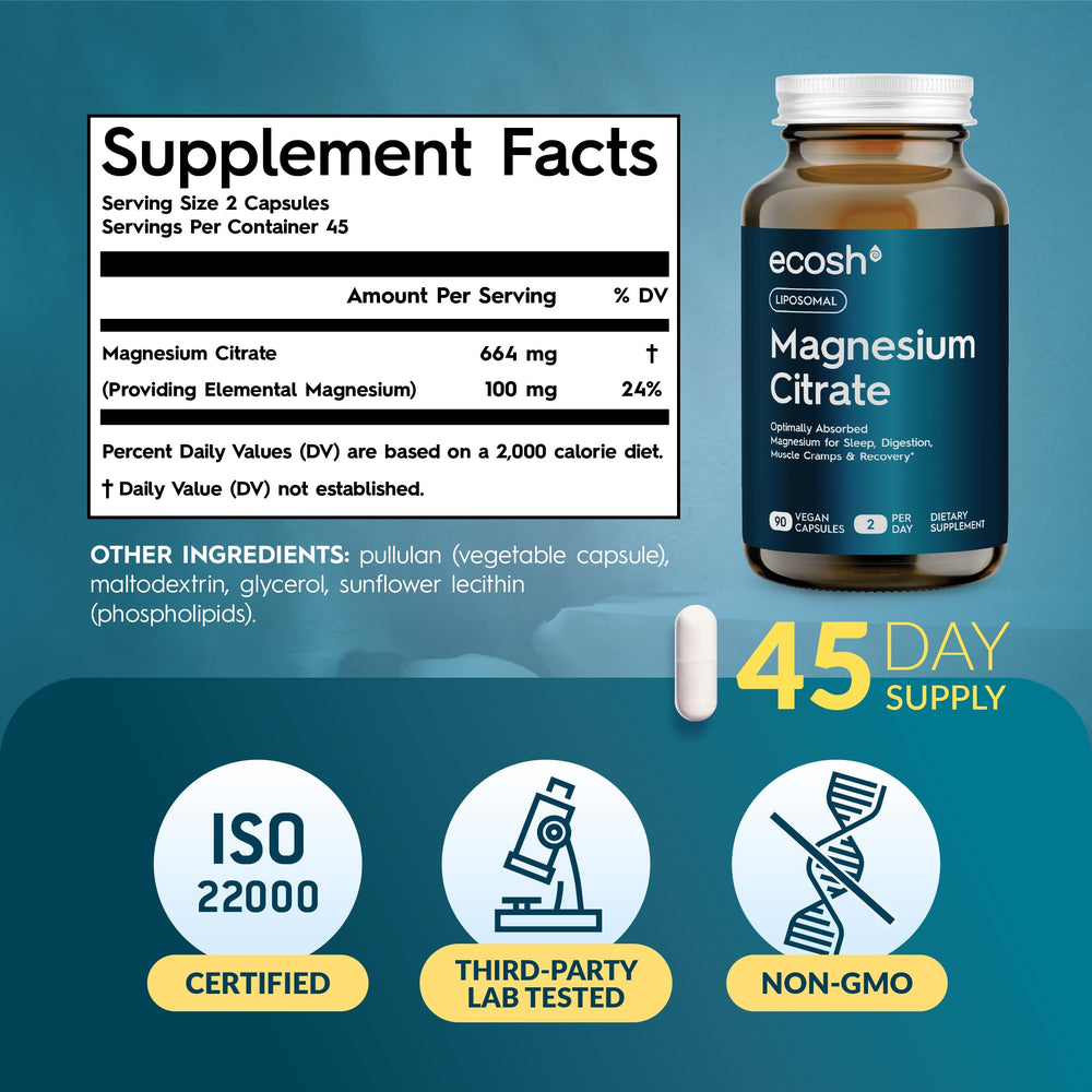 Ecosh Liposomal Magnesium Citrate with water illustrates gentle digestive support