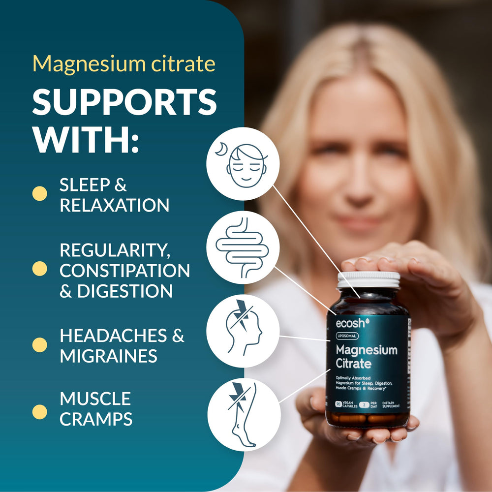 Ecosh Liposomal Magnesium Citrate label detail shows non-GMO formulation