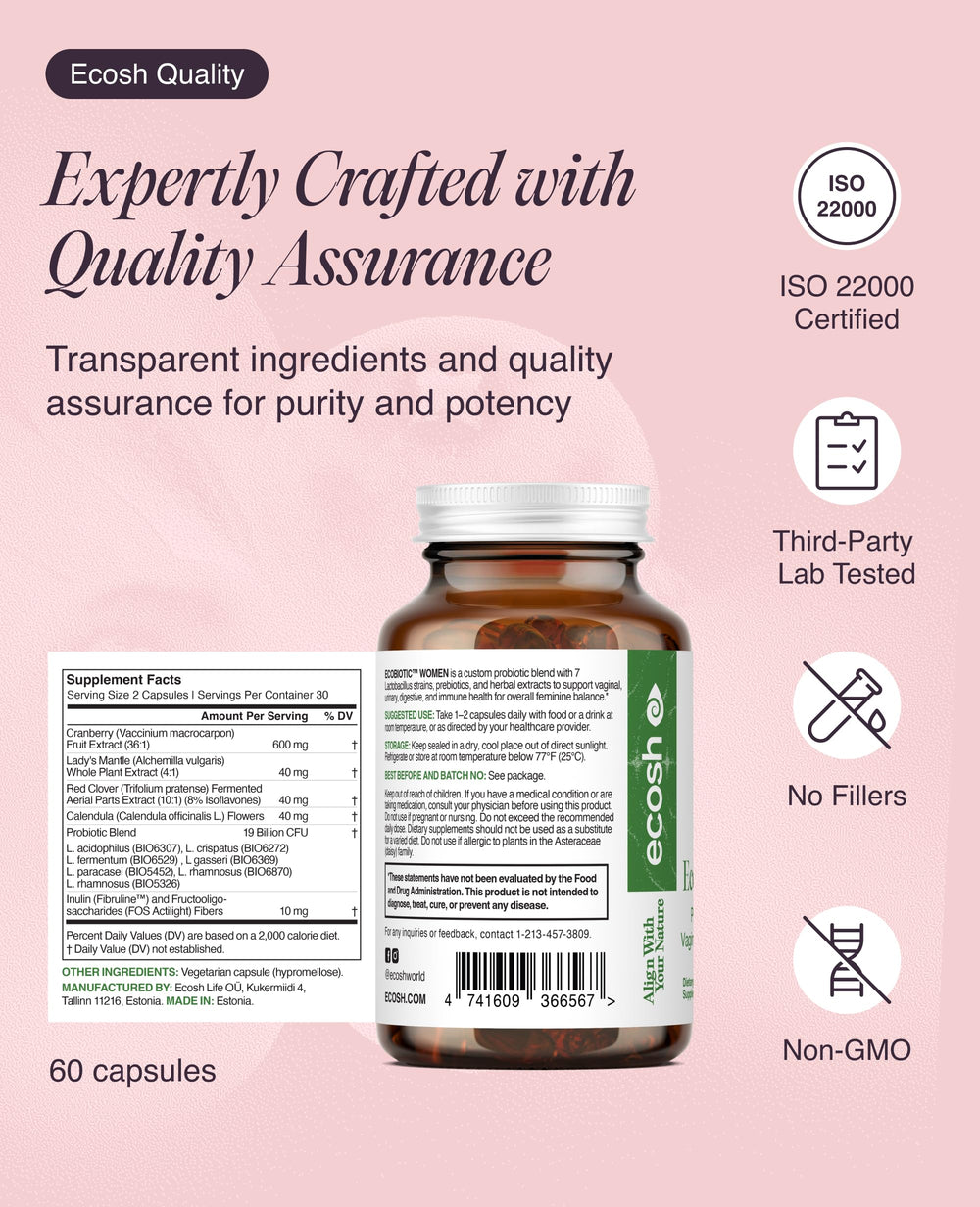 Ecosh probiotic formula supports digestive comfort and gut–vaginal health connection.