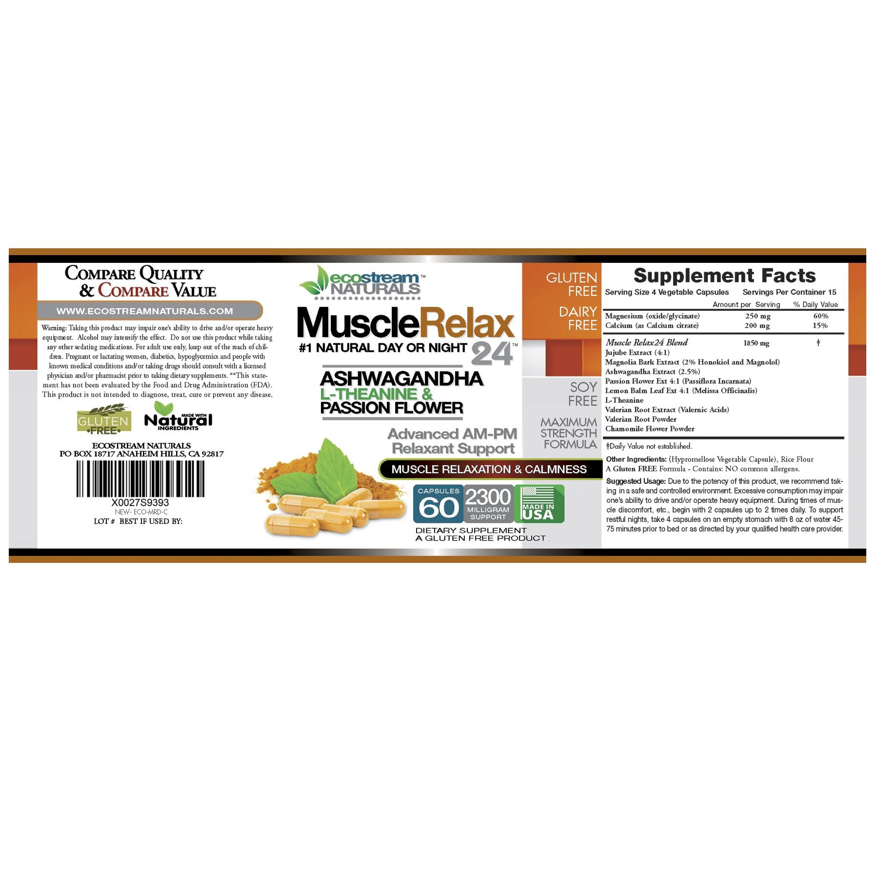 ecostream Naturals Relaxant label closeup showing 2300 mg per capsule.