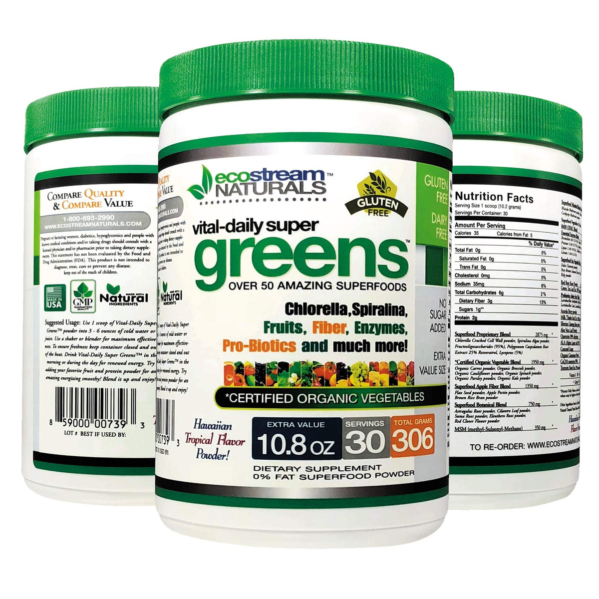 Ecostream Naturals Vital First Daily Greens bottle label shows organic greens for daily nourishment.
