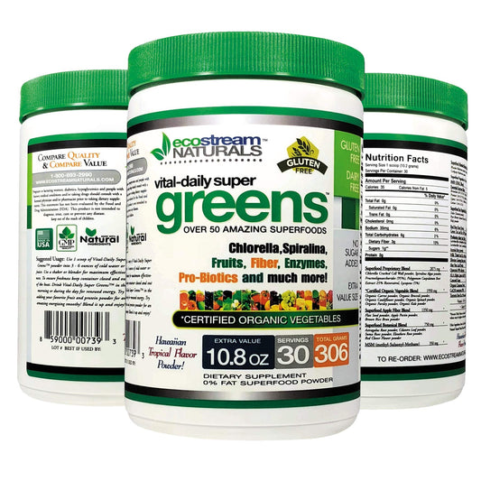 Ecostream Naturals Vital First Daily Greens bottle label shows organic greens for daily nourishment.