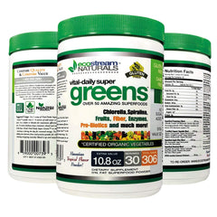 Ecostream Naturals Vital First Daily Greens bottle label shows organic greens for daily nourishment.