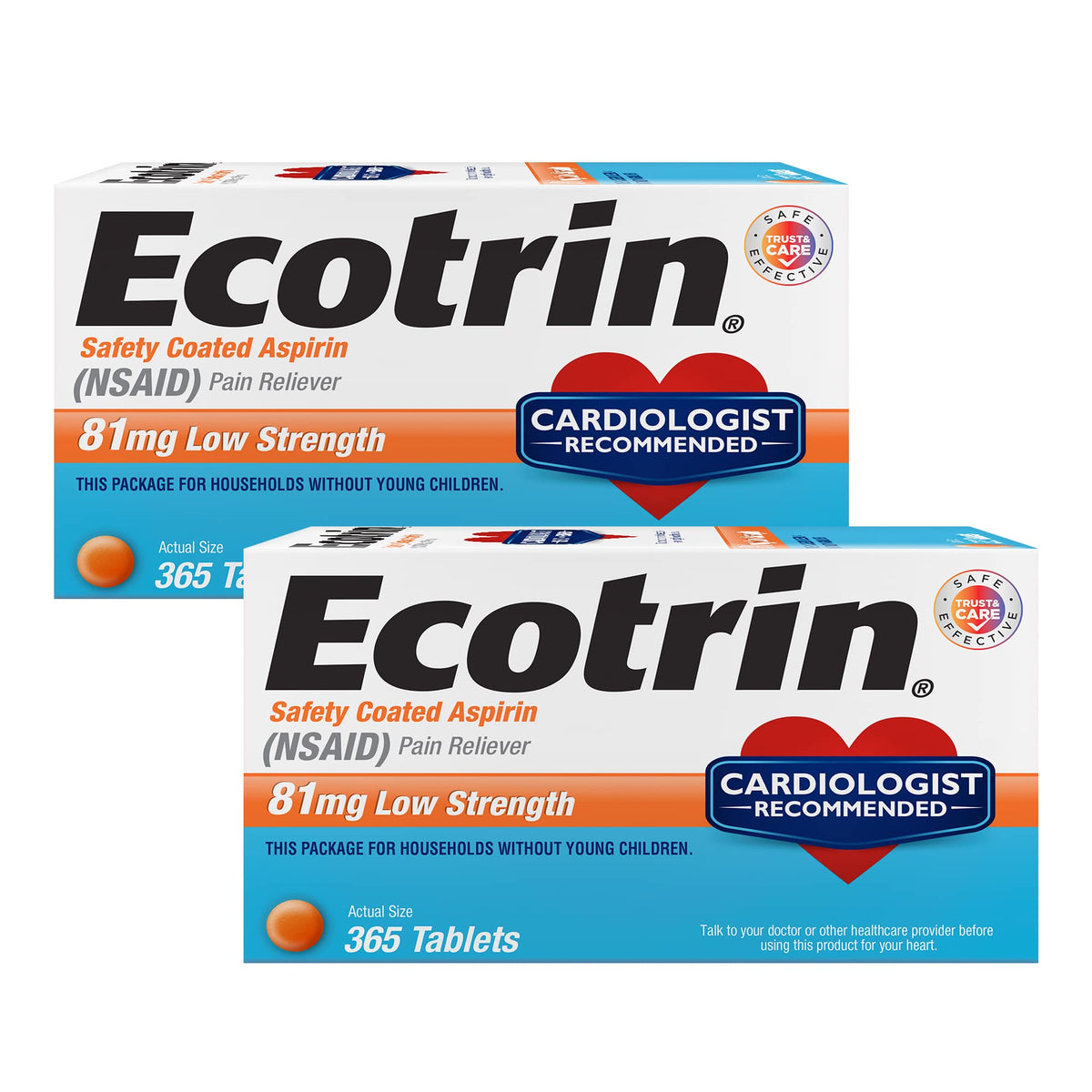 Ecotrin bottle front view with 81 mg tablets for everyday use