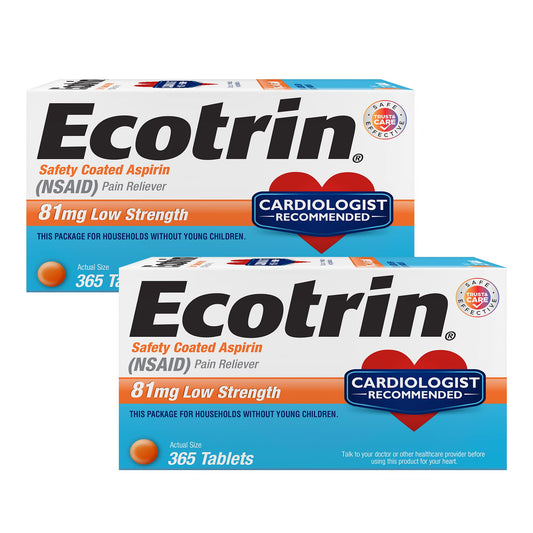 Ecotrin low-strength aspirin bottle with safety coating for stomach comfort