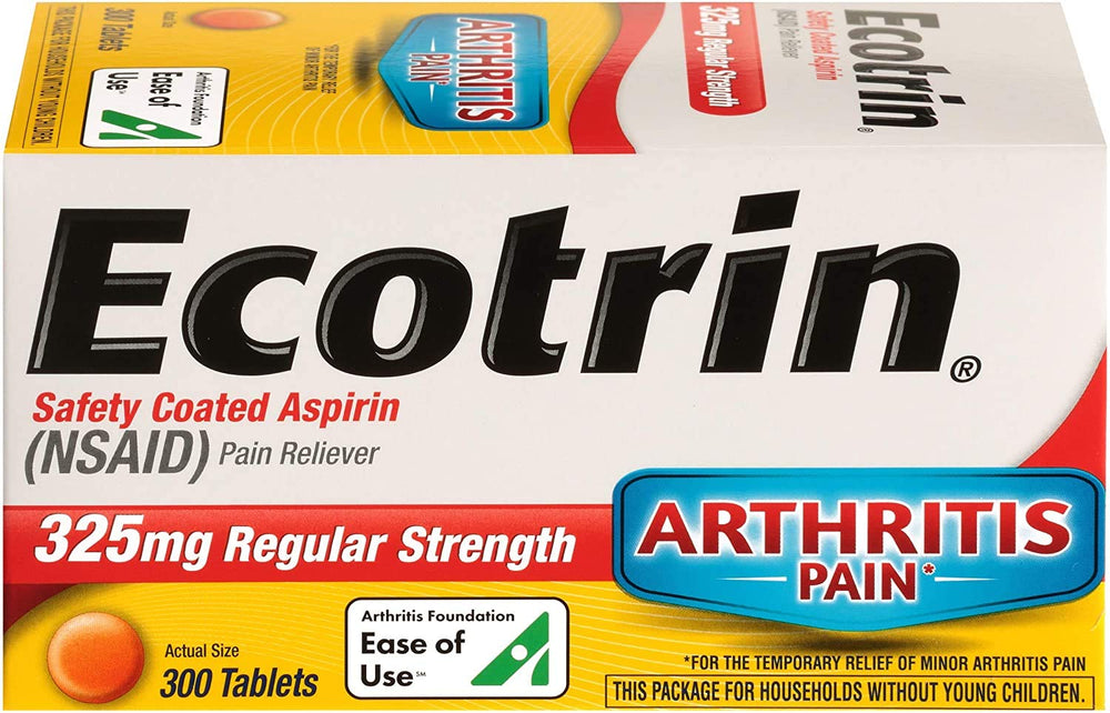 Ecotrin Regular Strength bottle label close-up showing enteric coating for stomach-friendly daily use.