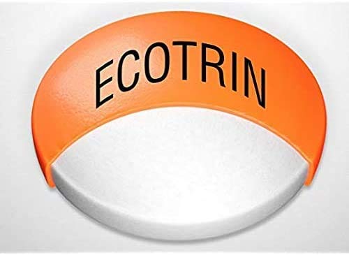 Ecotrin Regular Strength bottle with label texture conveys clinician-approved daily aspirin.