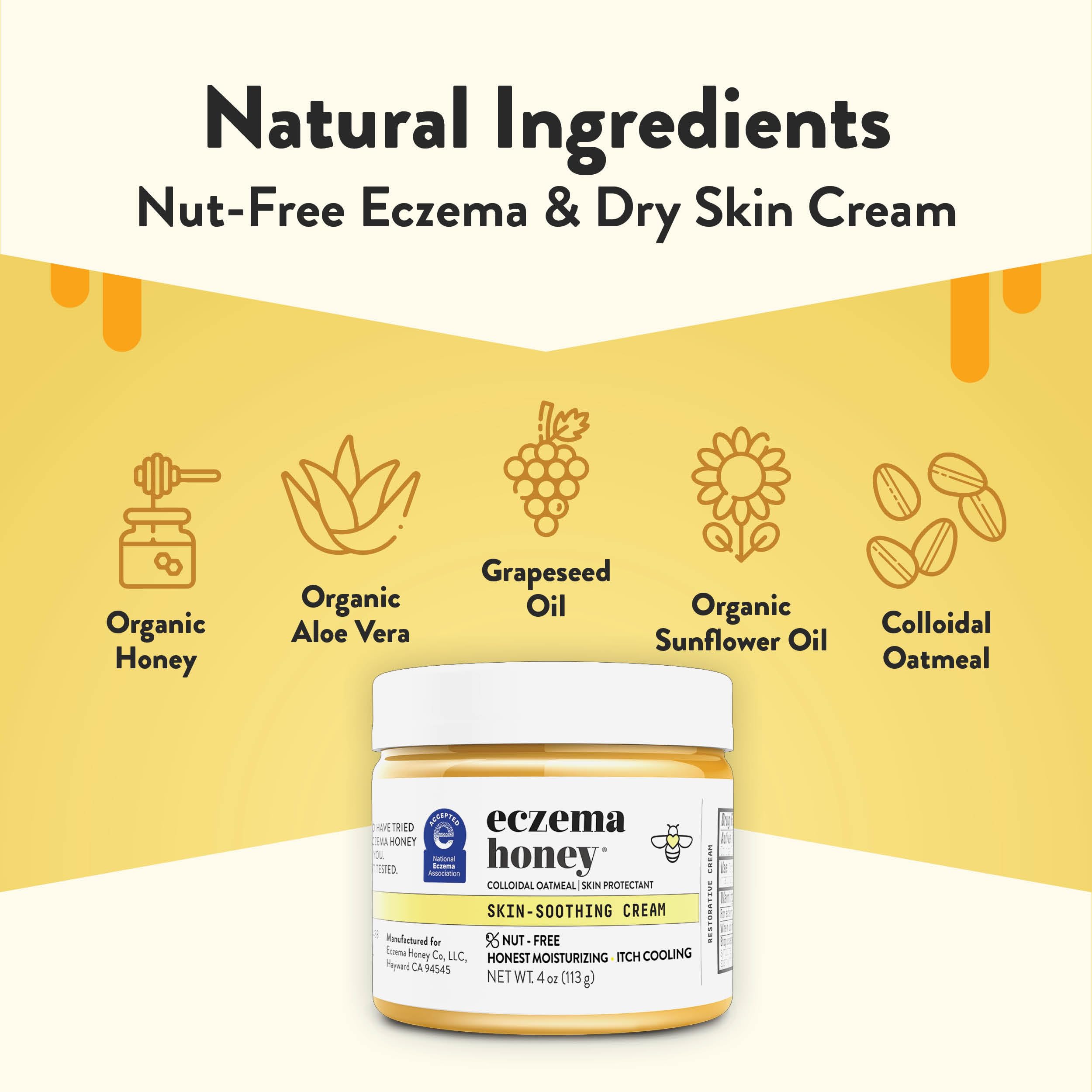 ECZEMA HONEY jar closeup with natural honey and aloe visuals